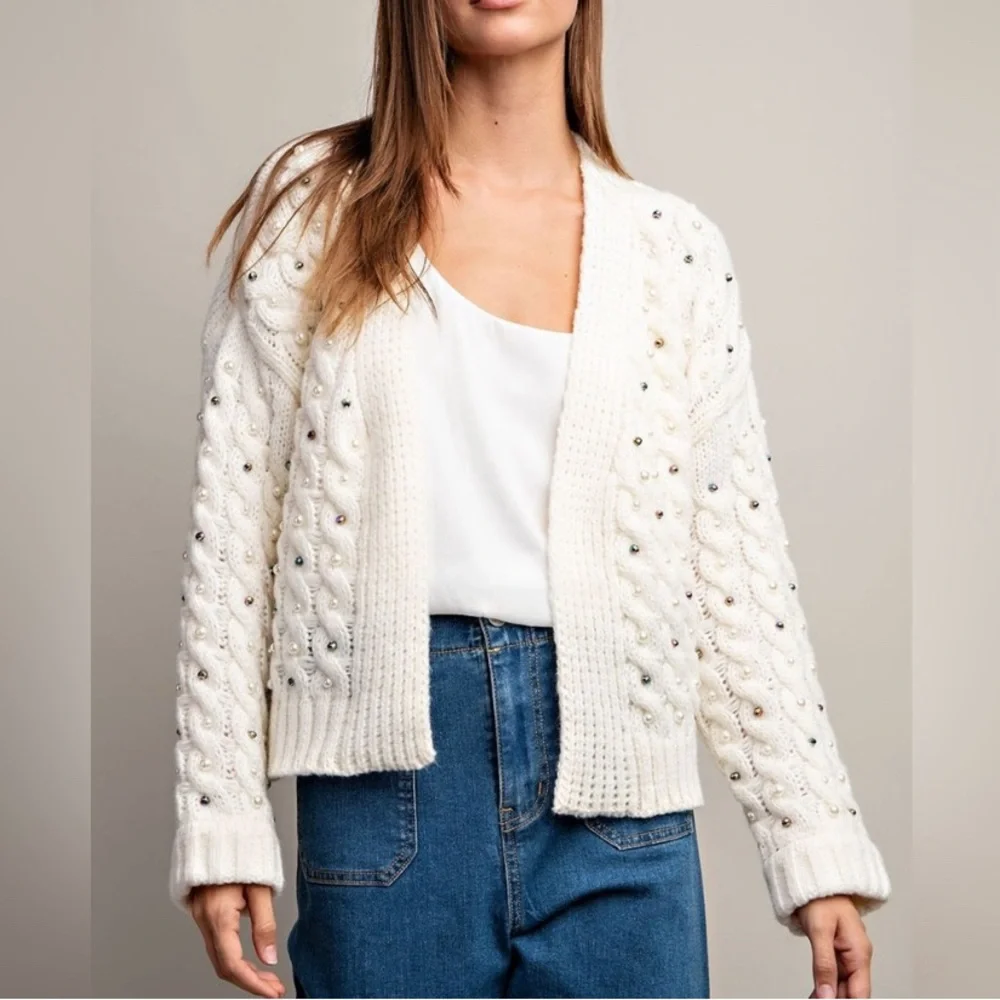 eesome • Ivory Chunky Knit Embellished Cardigan